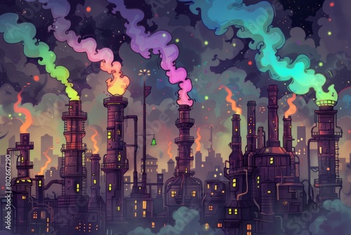 Cartoon cute doodles of a futuristic steampunk city skyline illuminated by glowing steam-powered street lamps and towering smokestacks emitting plumes, Generative AI