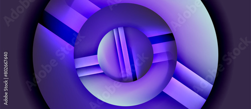 A symmetrical design featuring a purple and azure circle with a violet petallike circle in the center. The magenta font adds a pop of color to the electric blue background