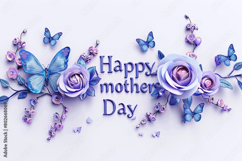 3d render letter Happy mothers Day blue and pink engraved with rose flowers and butterflies 3d render letter Happy mothers Day blue and pink engraved with rose flowers and butterflies