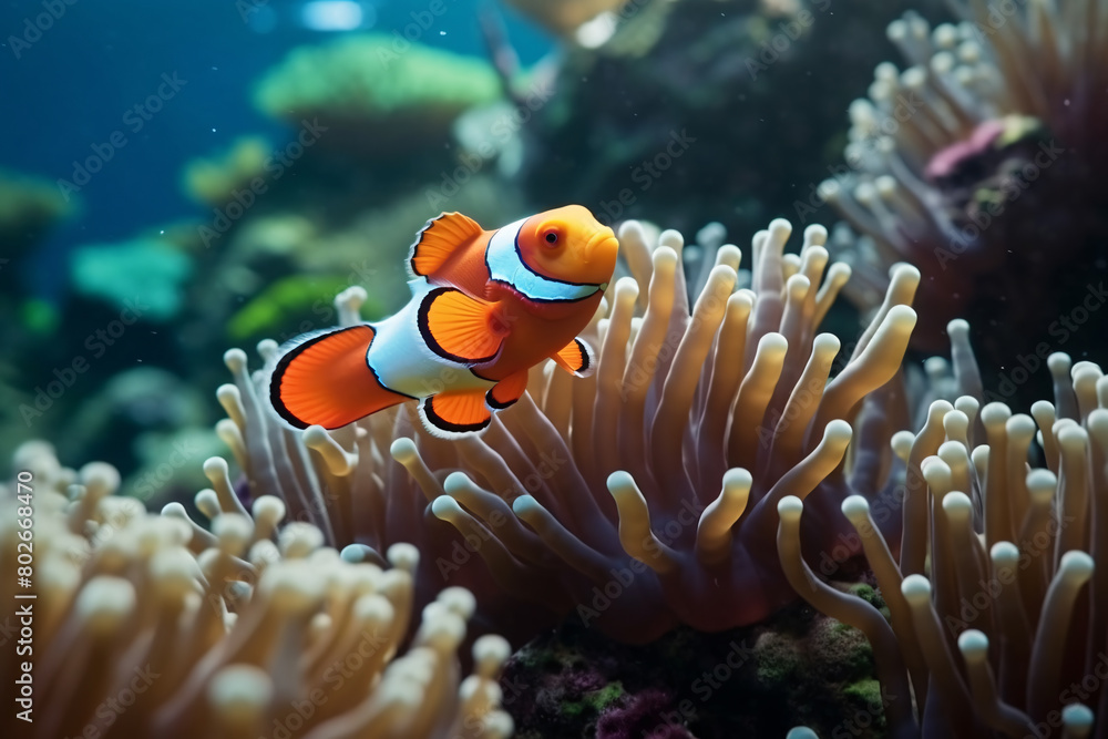 Fototapeta premium Clownfish swimming among vibrant sea anemones in a colorful underwater reef