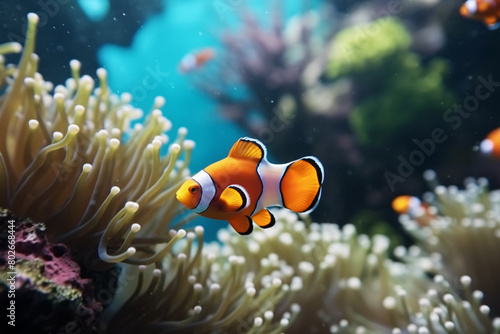 A colorful clownfish swimming in an aquarium surrounded by coral and anemones