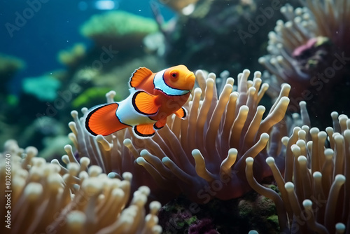 Clownfish swimming among vibrant sea anemones in a colorful underwater reef