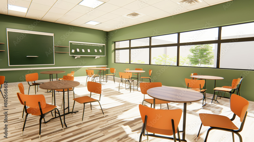 Modern classroom interior with green walls and large windows Modern classroom interior with green walls and large windows