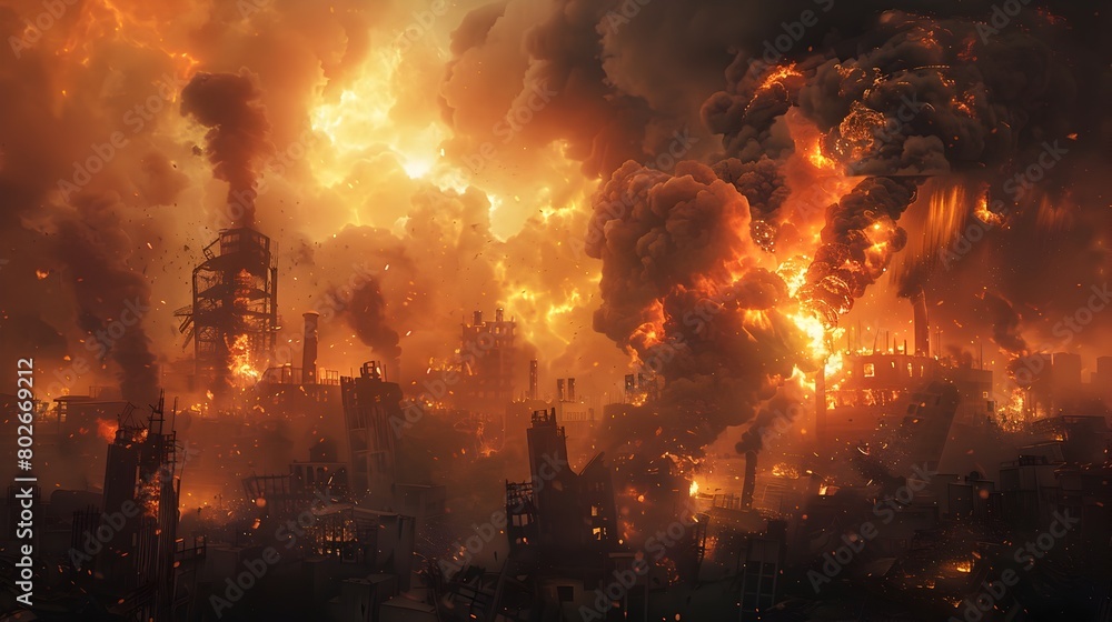 Obraz premium Cataclysmic Burst of Searing Energy in Crumbling Industrial Complex Billowing Clouds of Acrid Smoke and Bursts of Incandescent Light