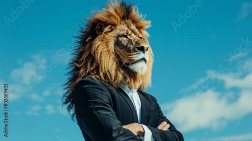 Stylish portrait Lion funny pop art, An anthropomorphic lion with a black suit and the blue sky