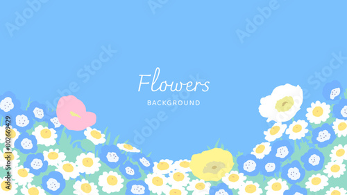 お花畑の広がる背景-ポピー・デイジー・ネモフィラ
