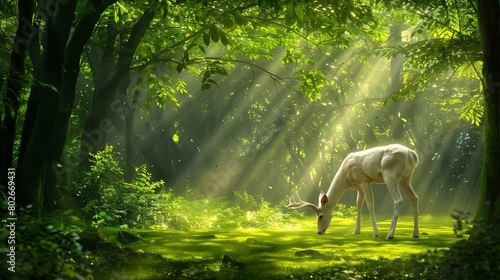 A lush green forest with sunlight streaming through the canopy, illuminating a white deer grazing peacefully, highlighting the uniqueness and resilience of albinism on International Albinism Awareness