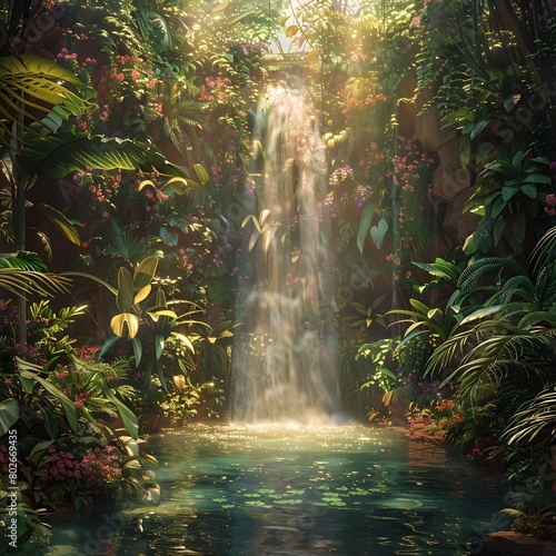 Lush Tropical Oasis with Hidden Waterfall Cascading into Serene Pool Surrounded by Verdant Foliage and Exotic Blooms Dappled Sunlight Streaming