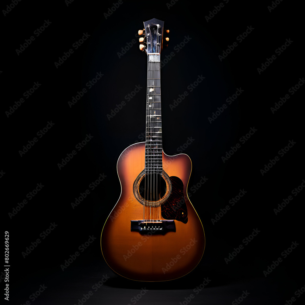 a classical guitar dramatically lit against a deep black background highlighting the intricate, generate ai