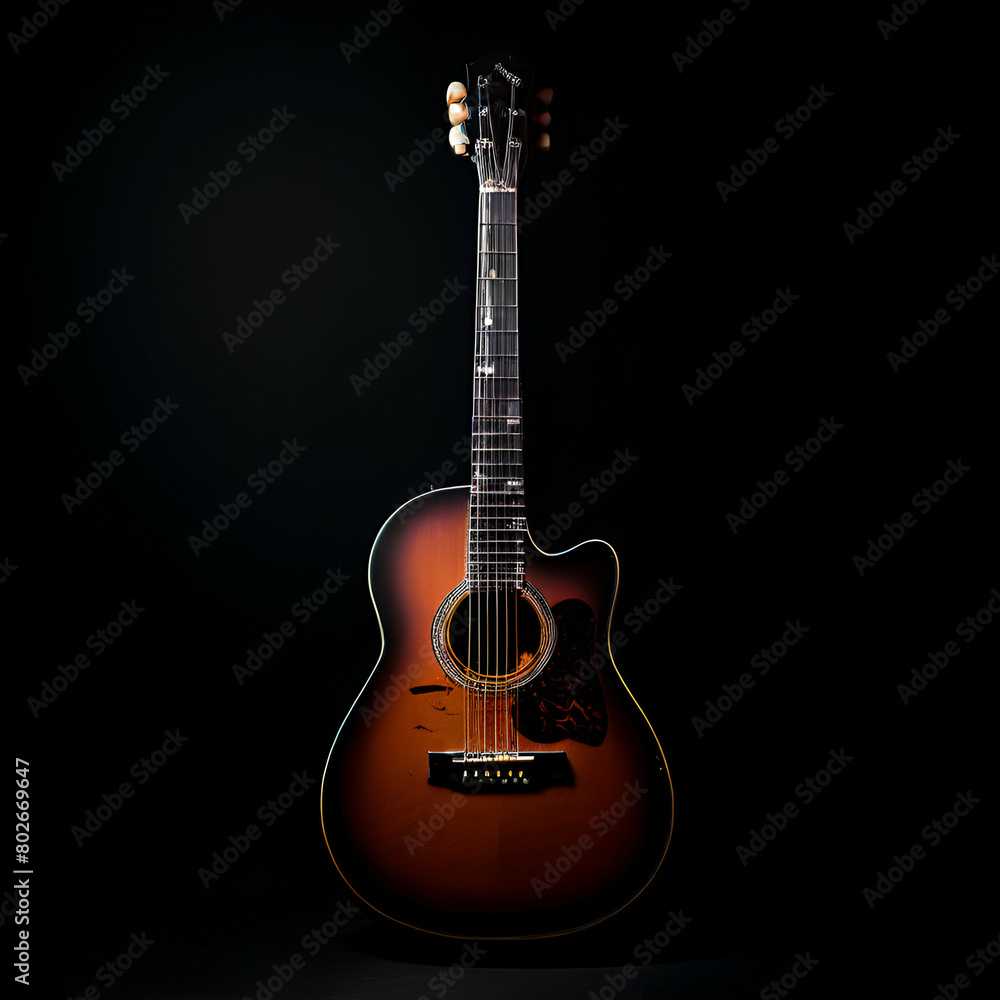 a classical guitar dramatically lit against a deep black background highlighting the intricate, generate ai