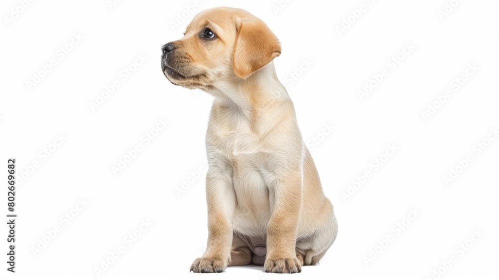 A Labrador puppy sitting obediently, looking up with a friendly expression, ideal for a dog training school poster