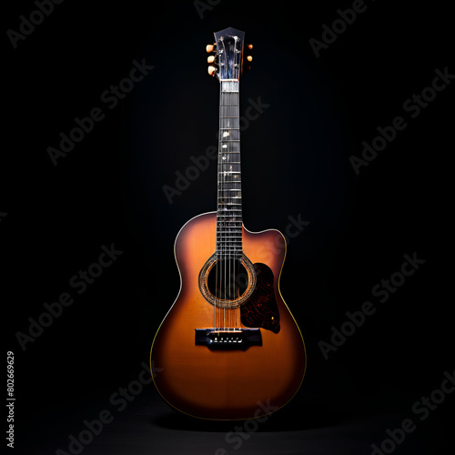 a classical guitar dramatically lit against a deep black background highlighting the intricate, generate ai