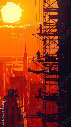 Silhouetted Construction Workers Hauling Supplies Up Towering Steel Frame Against Dramatic Skyline Backdrop photo