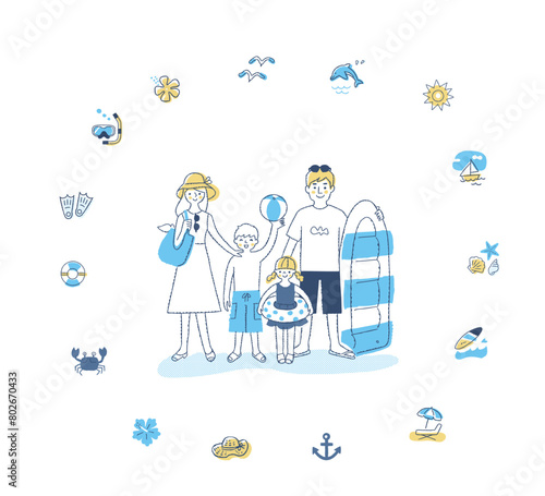 海水浴を楽しむ家族と海のアイコン