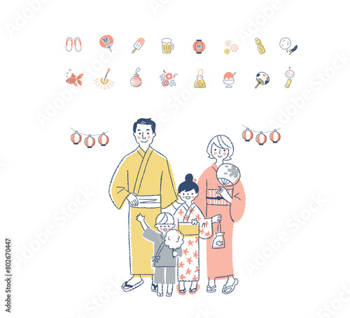 浴衣姿の4人家族と祭りのアイコン