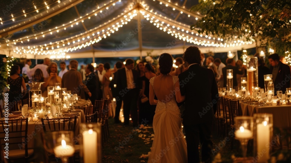 Soft music fills the air as guests enter the candlelit outdoor tent where the happy couple will share their first meal as husband and wife. 2d flat cartoon.