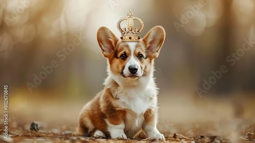 Corgi puppy sitting regally with a miniature crown on its head, nodding to its royal associations photo