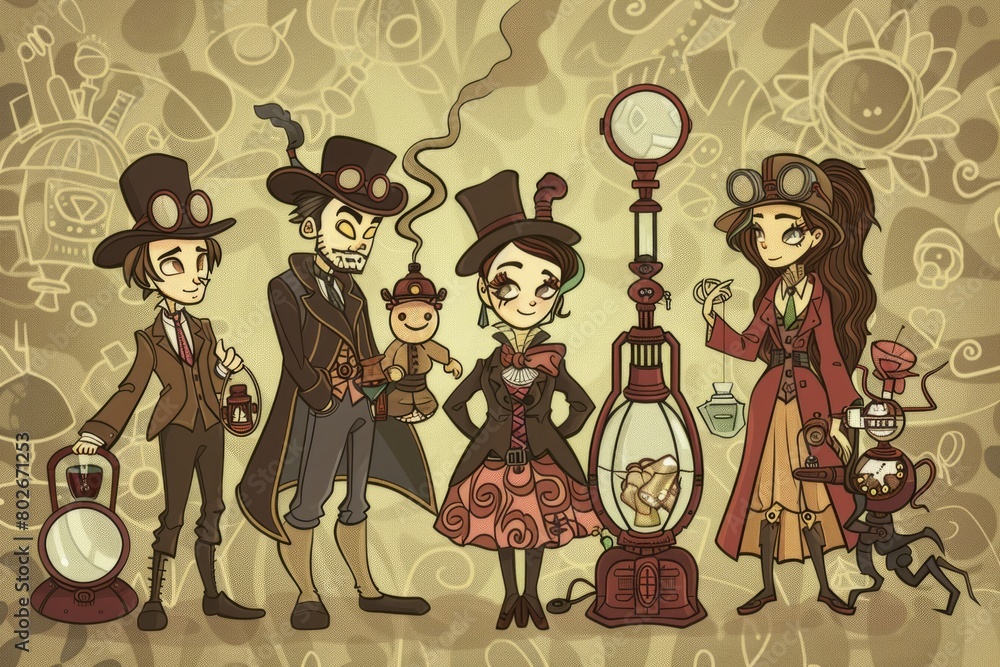 Cartoon cute doodles of a steampunk detective agency, where characters ...