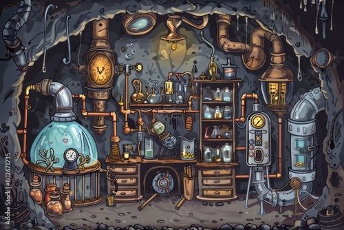 Cartoon cute doodles of a mysterious steampunk laboratory hidden deep underground, where characters conduct experiments with alchemy and clockwork, Generative AI photo