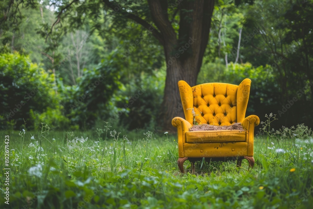 Vintage yellow chair on green grass with trees on background - generative ai