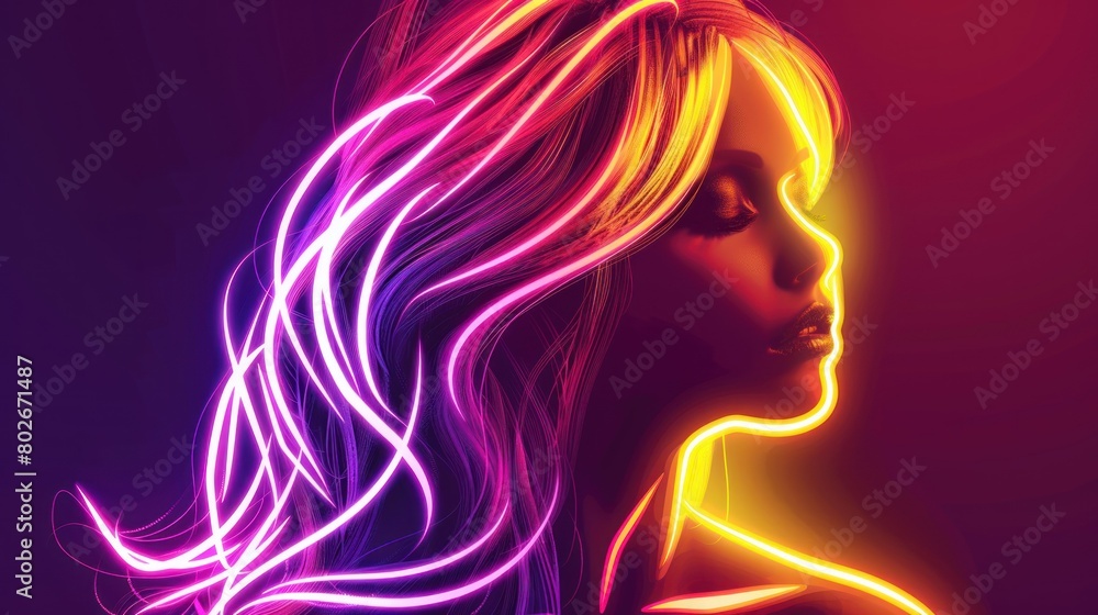 silhouette girl face neon sign, modern glowing banner design, colorful modern design trends on black background.