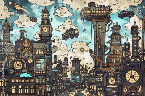 Cartoon cute doodles of a steampunk metropolis, where characters navigate bustling streets filled with steam-powered vehicles and towering skyscrapers, Generative AI