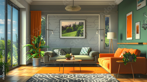 A living room with modern furniture  green and orange color scheme  gray walls  sofa  coffee table  carpet on the floor  plants in vases
