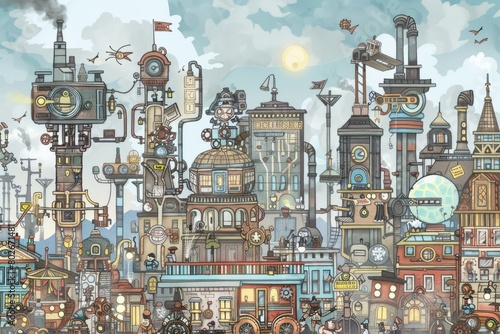 Cartoon cute doodles of a steampunk metropolis, where characters navigate bustling streets filled with steam-powered vehicles and towering skyscrapers, Generative AI