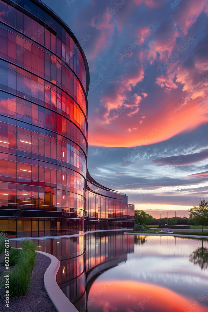 A modern building made of glass, with curved walls and reflective surfaces, stands against the backdrop of an endless sky at sunset