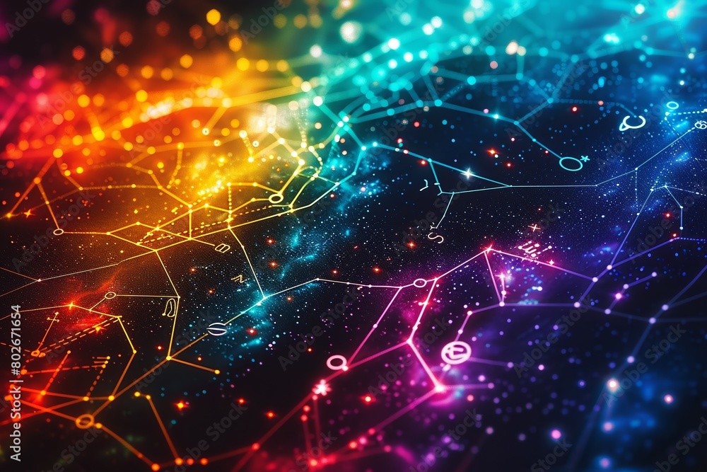 Conceptual image of a star map with astrological symbols, overlaying a cosmic background, highlighting specific constellations in vibrant colors , high resolution DSLR Conceptual image of a star map with astrological symbols, overlaying a cosmic background, highlighting specific constellations in vibrant colors , high resolution DSLR