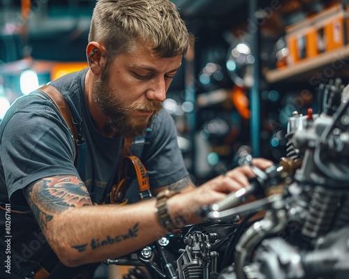 Candid shot of a mechanic with a fox tattoo visible on his arm, meticulously tuning a motorcycle engine, highlighting skill and precision , high resolution DSLR