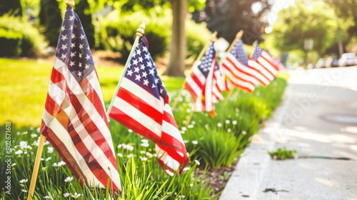 American flags lining suburban street in sunny day