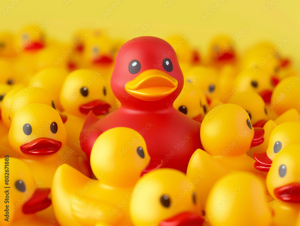 leadership conceptual, red rubber duck standing over a lot of yellow rubber duck - ai leadership conceptual, red rubber duck standing over a lot of yellow rubber duck - ai