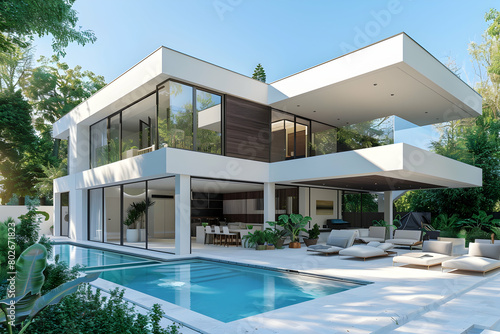 Modern house with a pool and terrace, white exterior walls, glass windows, steel frame structure, flat roof design, garden landscape