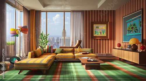 A retrostyle living room , wooden furniture, and vibrant green carpeting, featuring large windows overlooking the city skyline photo