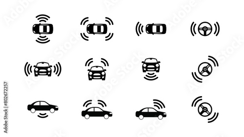 Set of Autonomous Car and Autopilot Icons. Driverless Robotic Vehicles, Smart Driving, Navigation, Eco-Friendly Electric Autos, Smart Sensors, and Distance Icons. Vector.