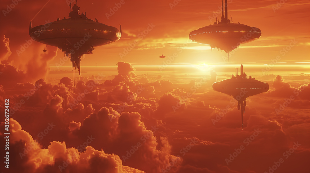 Illustrate a scene showing humans living in floating habitats above Venus's atmosphere.