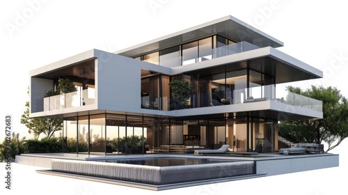 Generate a stunning 3D rendering of a luxurious modern home isolated on Earth with a pristine white background