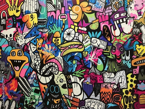 A colorful and abstract graffiti mural with various cartoon characters and objects.