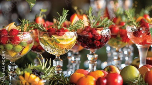 An array of beautiful and vibrant fruit and herb garnishes carefully p on the rim of each glass adding a touch of sophistication to the soirÃ©e.