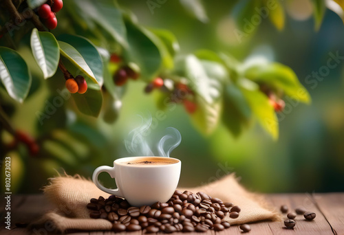 A cup of coffee with steam rising, coffee beans in a burlap sack, and a coffee tree background 