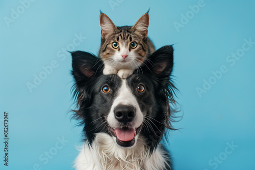Playful portrait of a cat sitting atop a dog's head, both staring directly at the camera against a blue background