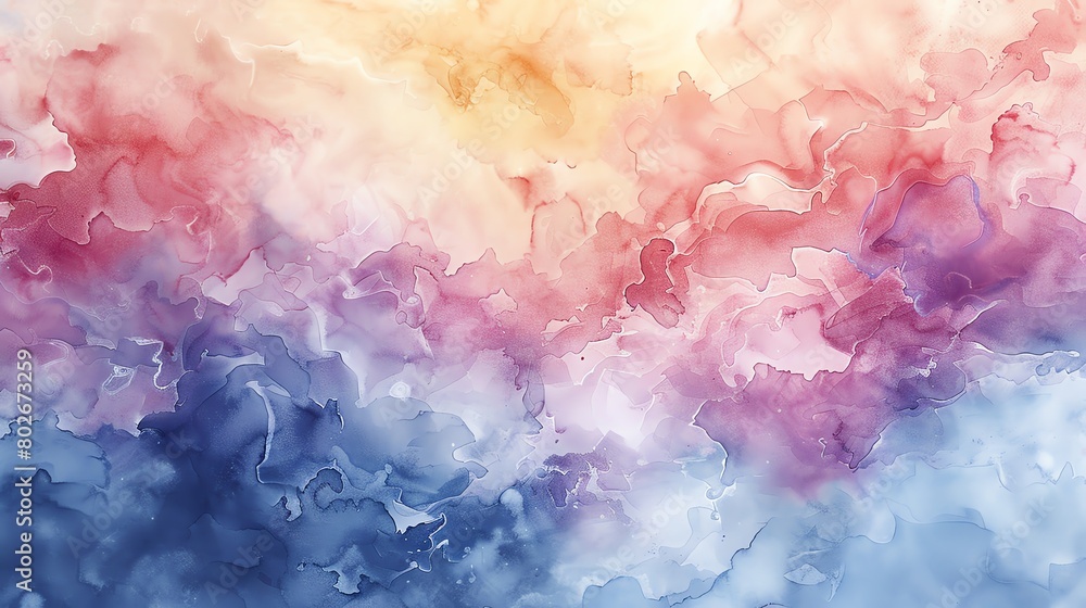 The image is a colorful abstract painting. It has a light blue background with splashes of yellow, pink, and purple. The painting has a soft, dreamy feel to it. The image is a colorful abstract painting. It has a light blue background with splashes of yellow, pink, and purple. The painting has a soft, dreamy feel to it.