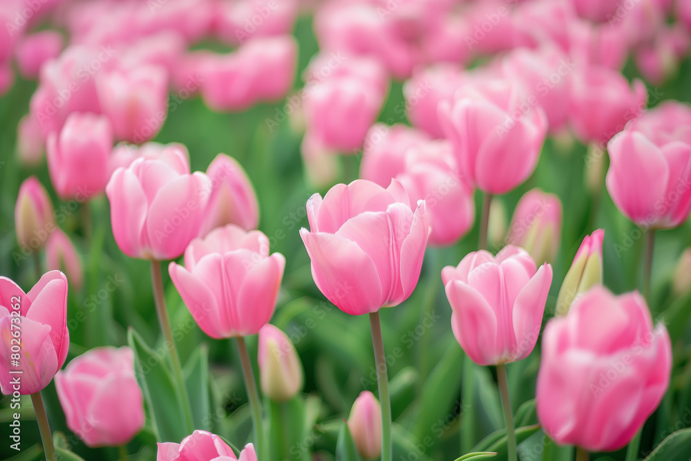 A field of soft pink tulips, focused closely to highlight their gentle curves and vibrant spring colors A field of soft pink tulips, focused closely to highlight their gentle curves and vibrant spring colors