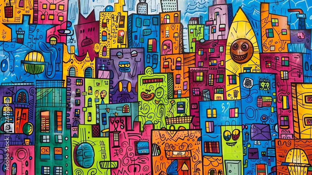 The image is a colorful abstract painting of a cityscape