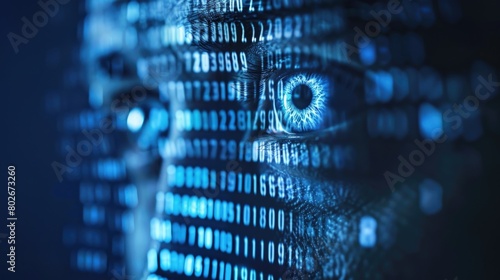 A close-up view of a robots face with bright blue glowing eyes resembling a stream of binary code, creating a futuristic and technological look © monvideo