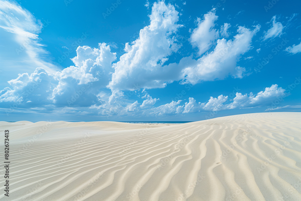 Naklejka premium Expansive sandy desert under a bright blue sky with fluffy clouds, illustrating the vast, untouched beauty of natural landscapes