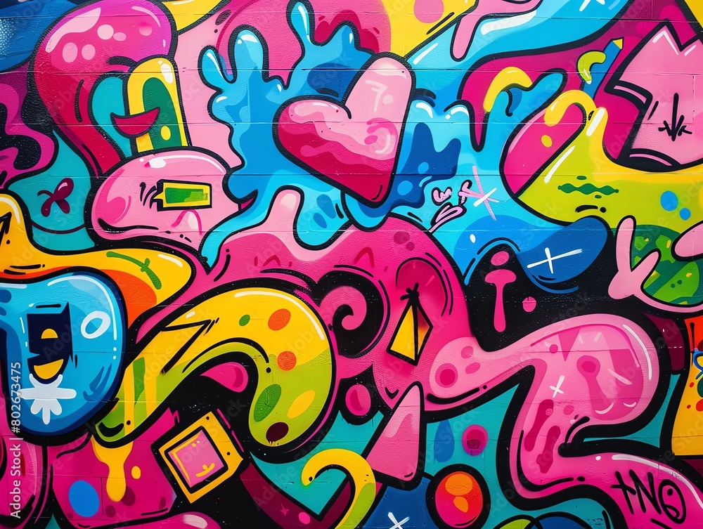 This is a photo of graffiti on a wall. The graffiti is colorful and abstract, and it appears to be made up of a variety of shapes and symbols.