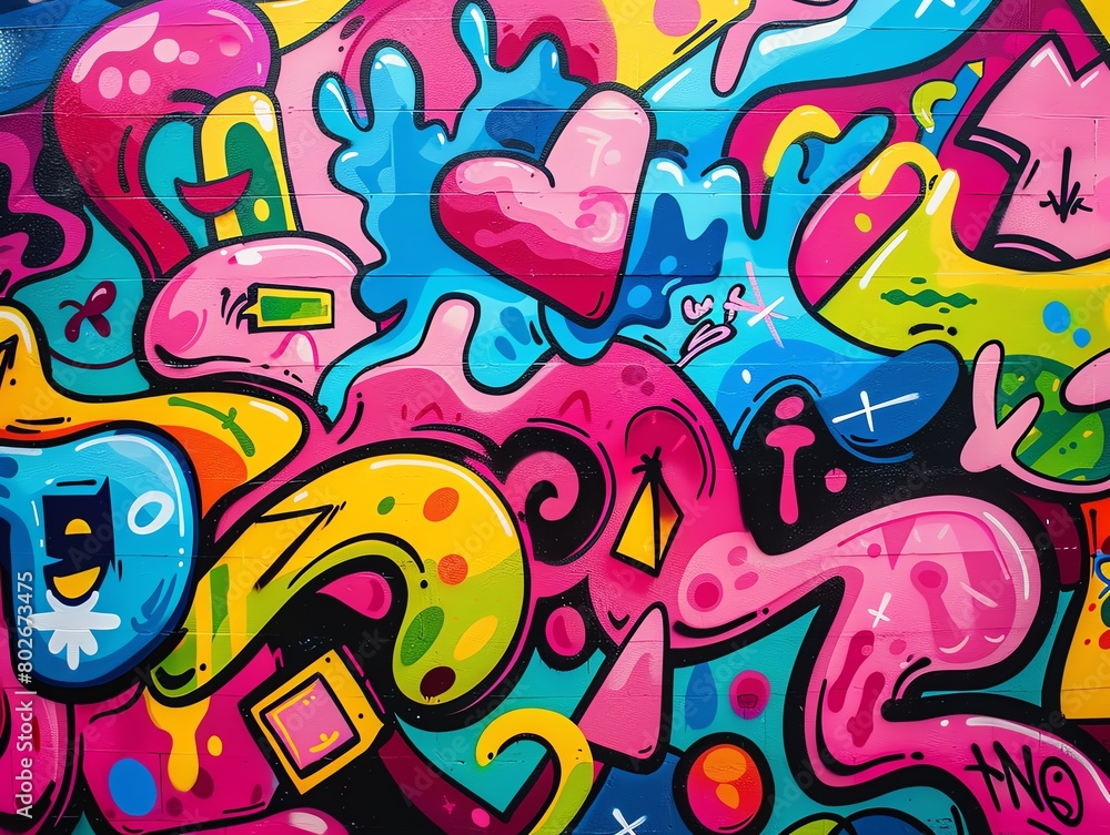 This is a photo of graffiti on a wall. The graffiti is colorful and abstract, and it appears to be made up of a variety of shapes and symbols. This is a photo of graffiti on a wall. The graffiti is colorful and abstract, and it appears to be made up of a variety of shapes and symbols.