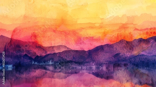 The watercolor painting shows a beautiful landscape with mountains and a lake #802673428